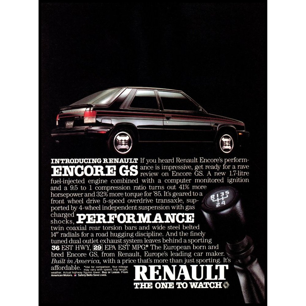 1985 Renault Encore GS 2 Door Hatchback 5 Speed Vintage Print Ad Classic Car Art
